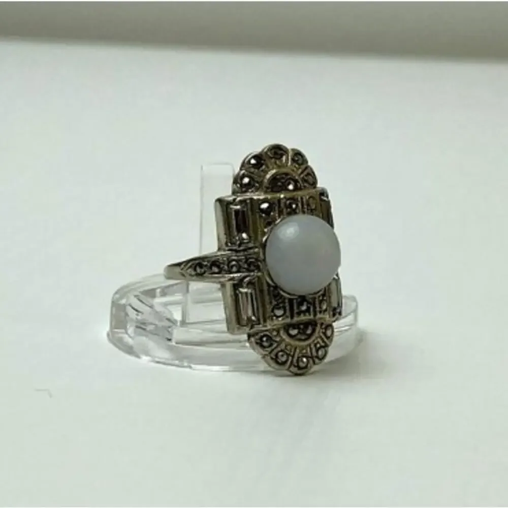 Vintage 925 Sterling Silver Agate, Goshenite & Marcasites Ring Size 5.5